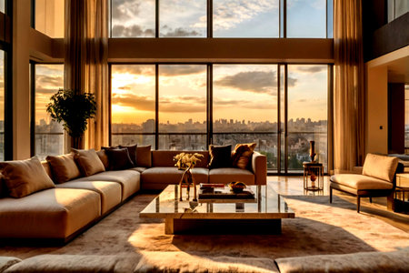 Luxury living room with a view of the city and the sunsetの写真素材