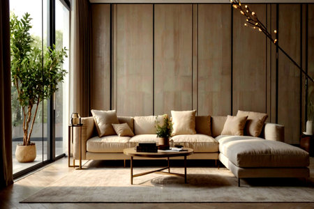 modern living room with beige sofa and coffee table, 3d render