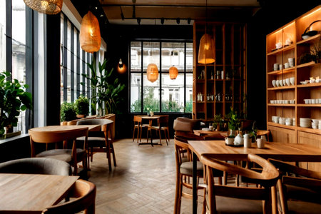 Interior of a modern cafe with wooden tables and chairs. Nobody inside