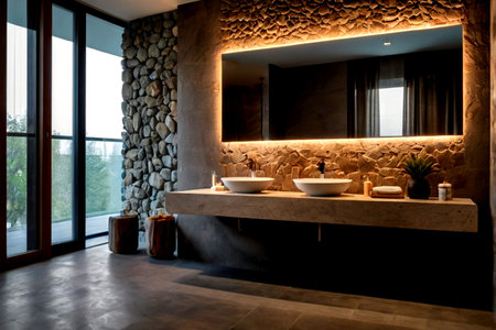 Interior of modern bathroom with stone wall and mirror. Nobody insideの写真素材