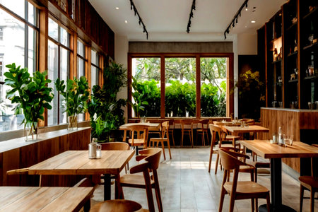 Interior of a restaurant with wooden tables, chairs and plants.