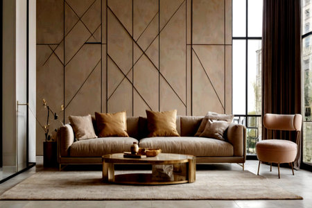 Interior of modern living room with brown sofa and wooden coffee table