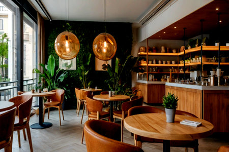 Interior of a modern cafe with wooden tables, chairs and decorationsの写真素材
