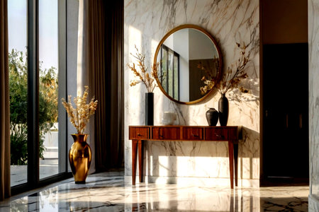 Luxury interior design of living room with marble wall and mirrorの写真素材