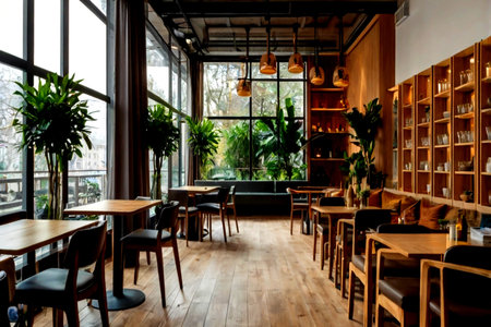 Interior design of a modern cafe with wooden tables and chairs.