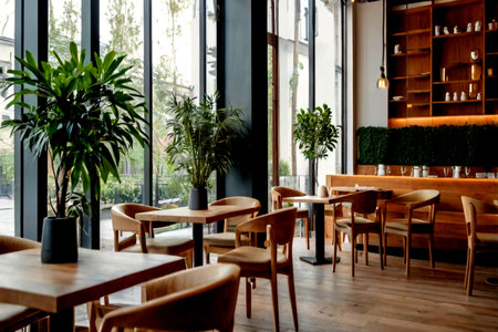 Interior of a cafe with wooden tables, chairs and plants.