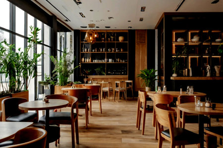 Interior of modern restaurant with wooden tables and chairs, nobody insideの写真素材