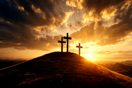 Crosses silhouette at sunset in the mountains. Christian religion concept.