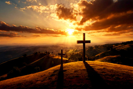 crosses on the hillside at sunset with sun rays and clouds