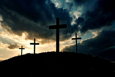 Crosses silhouette at sunset. Christian symbols. Crosses silhouette on sky background