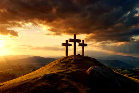 Crosses on the top of the mountain at sunset. Religion concept
