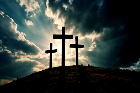 Crosses silhouette on the hill with dramatic sky background. Christian symbols.