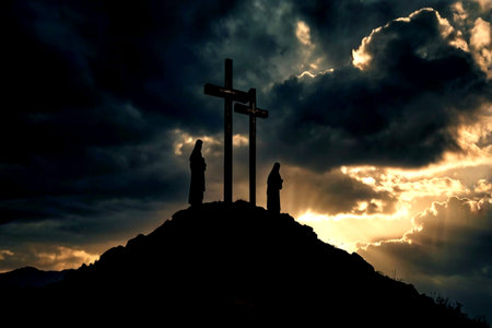 Silhouette of the Crucifixion of Jesus Christ and Mary at sunset