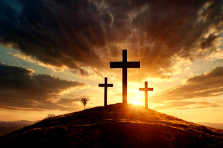 Crosses silhouette at sunset in the mountains. Christian religion concept.