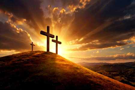 Crosses on the hillside at sunset. Conceptual image.