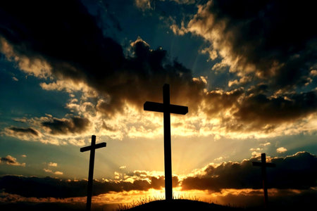 Crosses silhouette at sunset with dramatic sky. Christian symbol. Religion concept.