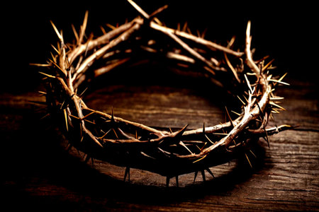 Crown of thorns on wooden background. Christian concept. Toned.の写真素材