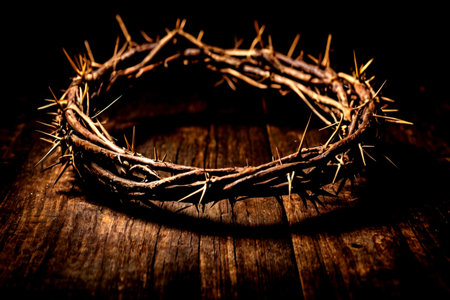 Crown of thorns on wooden background. Christian concept. Selective focus. Toned.