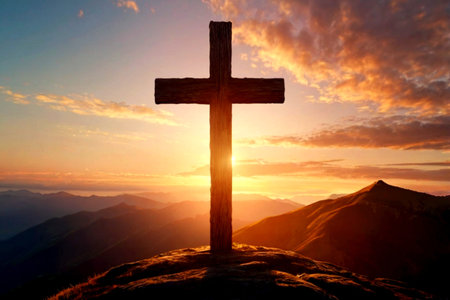 Wooden cross on the top of a mountain in the rays of the rising sunの写真素材