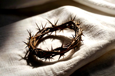 Crown of thorns on a white cloth. Christian symbol.の写真素材