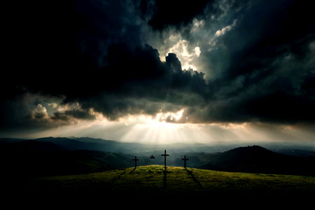 Crosses in the meadow at sunset with dramatic sky and clouds