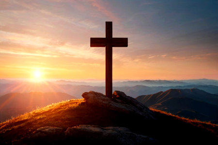 Cross on the top of the mountain in the rays of the rising sun