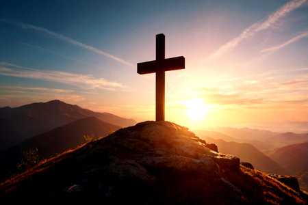 Cross on the top of the mountain at sunset. Conceptual image.の写真素材