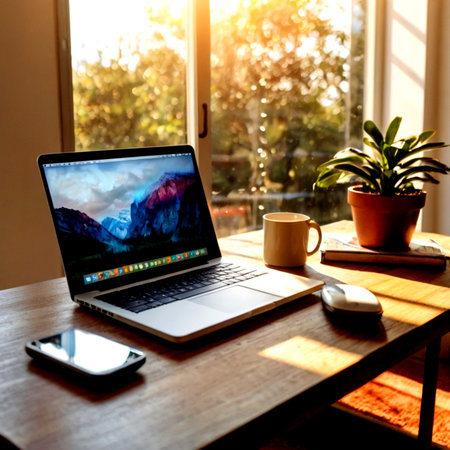 Laptop and coffee cup on wooden table at home. Work from home concept.
