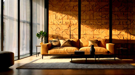 Modern living room with yellow sofa, armchair and coffee table.