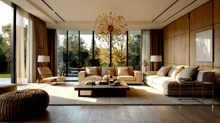 Interior of a modern living room with a large window overlooking the garden