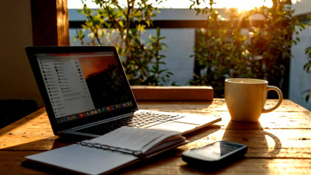 Laptop and coffee cup on the wooden table in the morning.