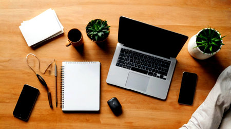Top view of workplace with laptop, smartphone, notebook and stationery on wooden table