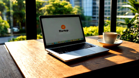 Laptop computer displaying logo on table in coffee shop.