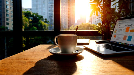 Coffee cup and laptop on wooden table in coffee shop with sunlight.