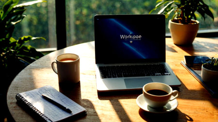 Photo of laptop and cup of coffee on wooden table.