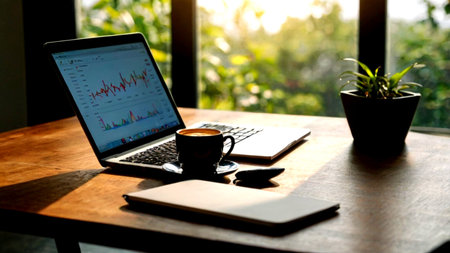 Businessman analyzing investment charts with laptop and coffee cup on wooden desk.