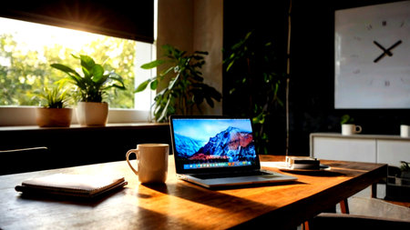Laptop and coffee cup on wooden table in coffee shop background.