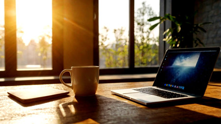 Coffee cup and laptop on the wooden table near the window