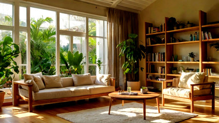 interior of living room with sofa, bookshelf and plants