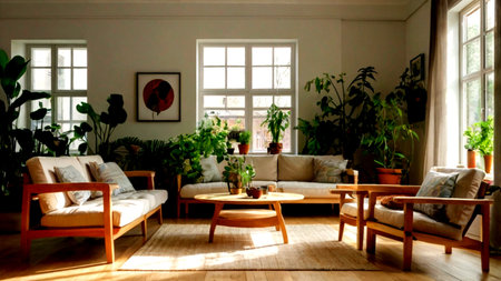 Interior of a modern living room with a large window and plants