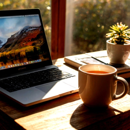 A cup of coffee and a laptop on a wooden table by the window
