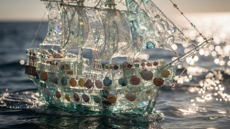 A closeup shot of a glass sailboat floating in the sea