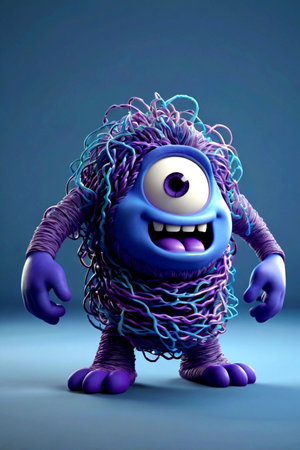 Funny monster with purple hair and blue eyes. 3d illustration