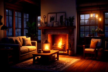 interior of a cozy living room with fireplace and sofa at night
