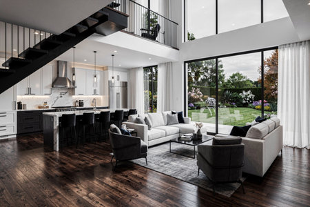 Luxury living room with white walls, wooden floor, large windows and black furniture