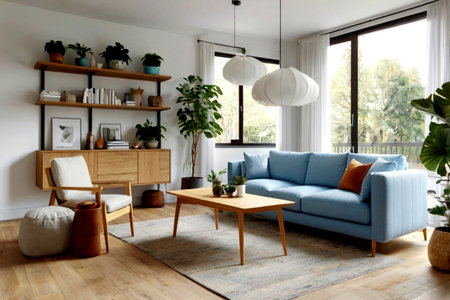 interior of modern bright living room with blue sofa and wooden coffee table