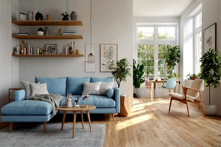 Interior of modern living room with blue sofa, coffee table and plants
