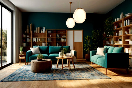 Interior of modern living room with blue sofa and armchair 3d render