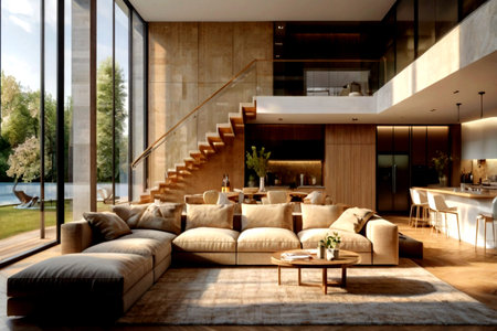 interior of modern house, living room, dining room and kitchen