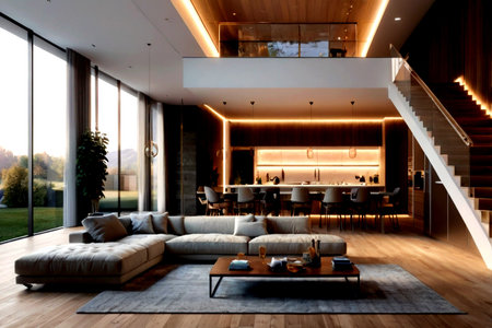 Interior of modern living room with wooden floor, panoramic window, sofa and coffee table